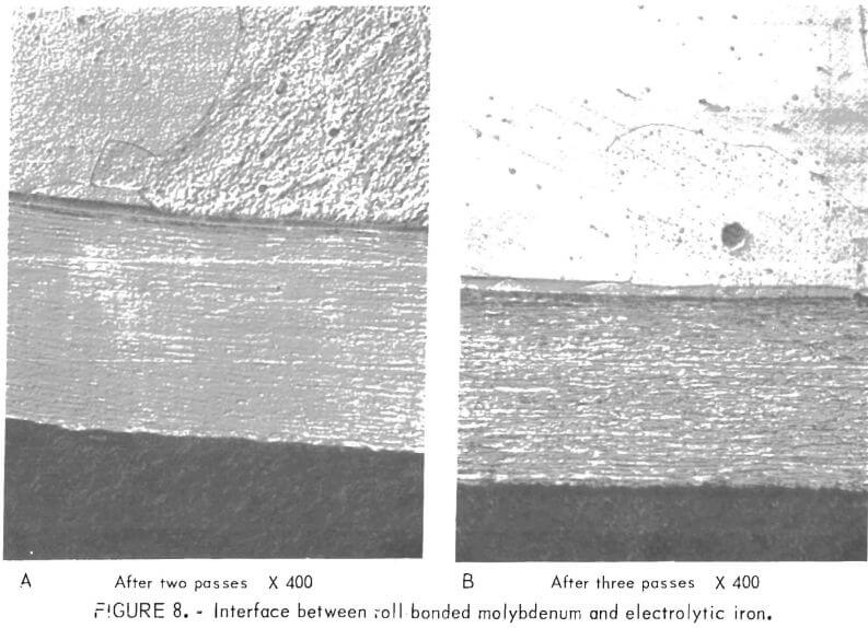 interface between roll-bonded molybdenum and electrolytic iron