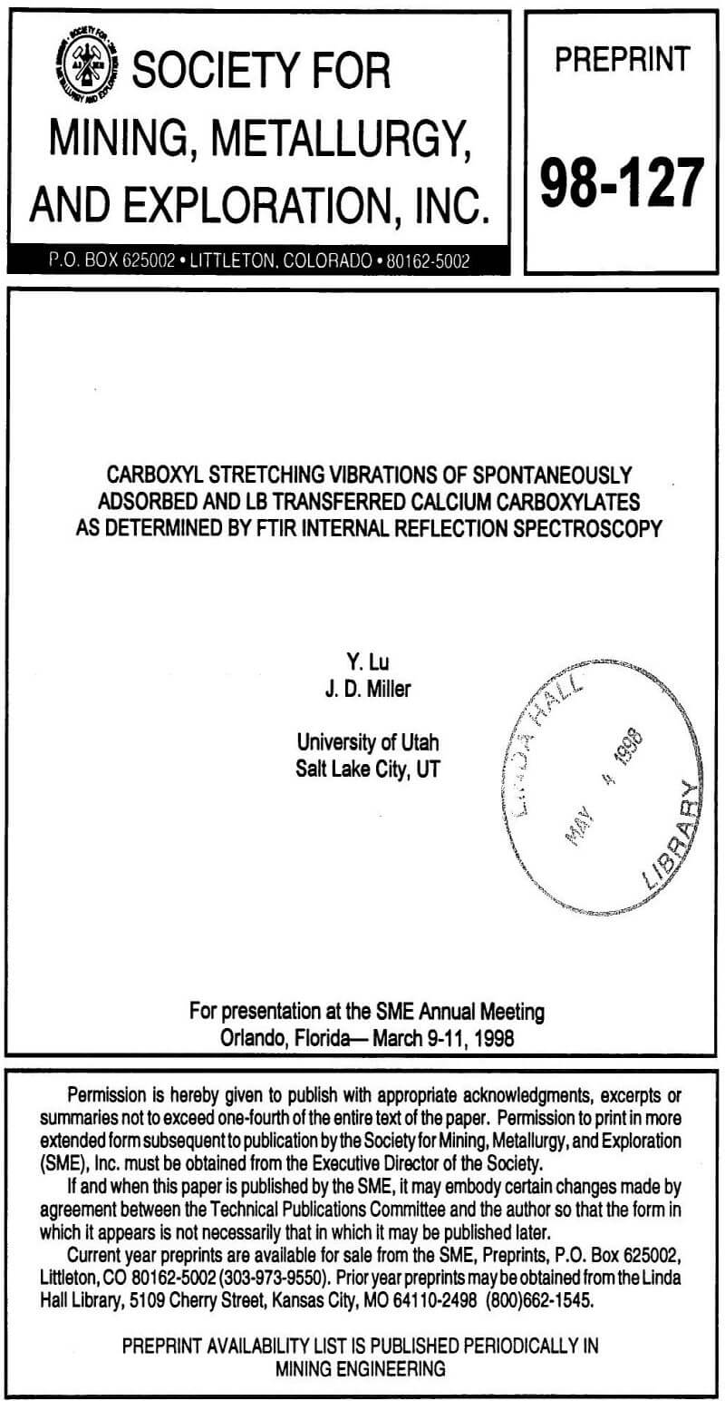 carboxyl stretching vibrations of spontaneously adsorbed and lb transferred calcium carboxylates as determined by ftir internal reflection spectroscopy