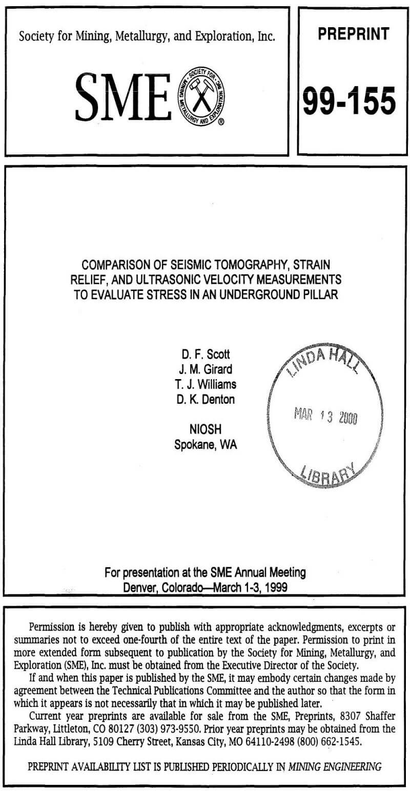 comparison of seismic tomography, strain relief, and ultrasonic velocity measurements to evaluate stress in an underground pillar