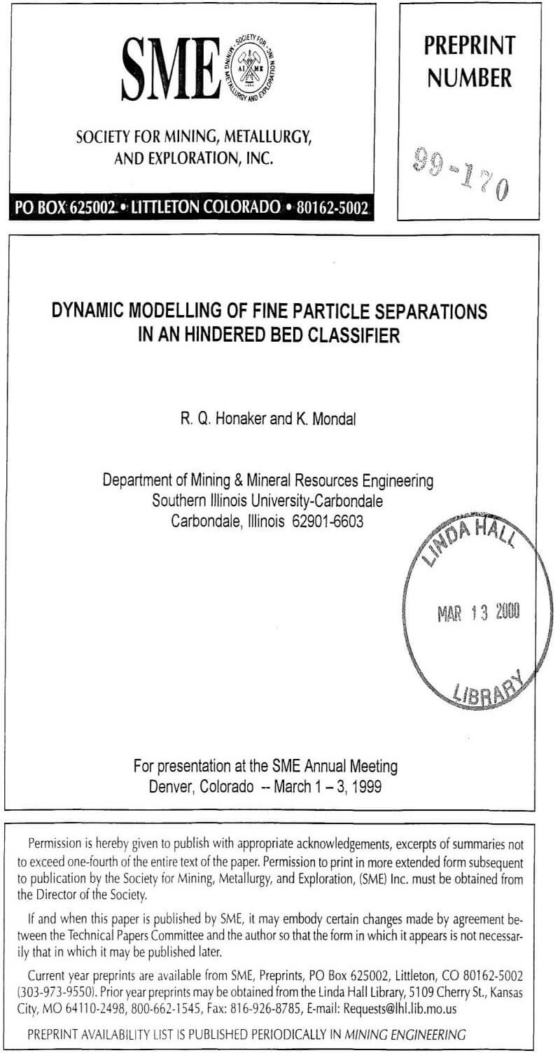 dynamic modelling of fine particle separations in an hindered bed classifier