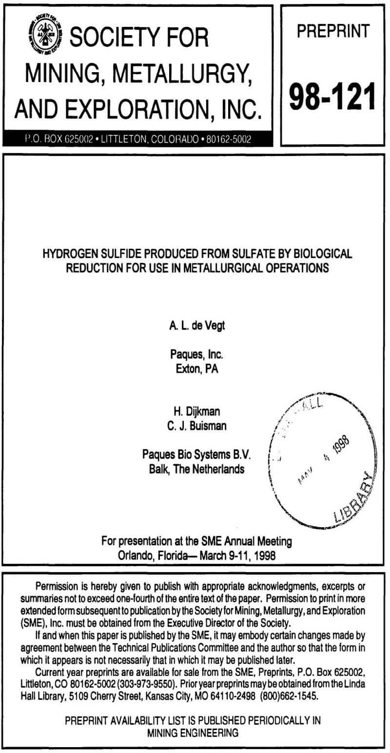 hydrogen sulfide produced from sulfate by biological reduction for use in metallurgical operations
