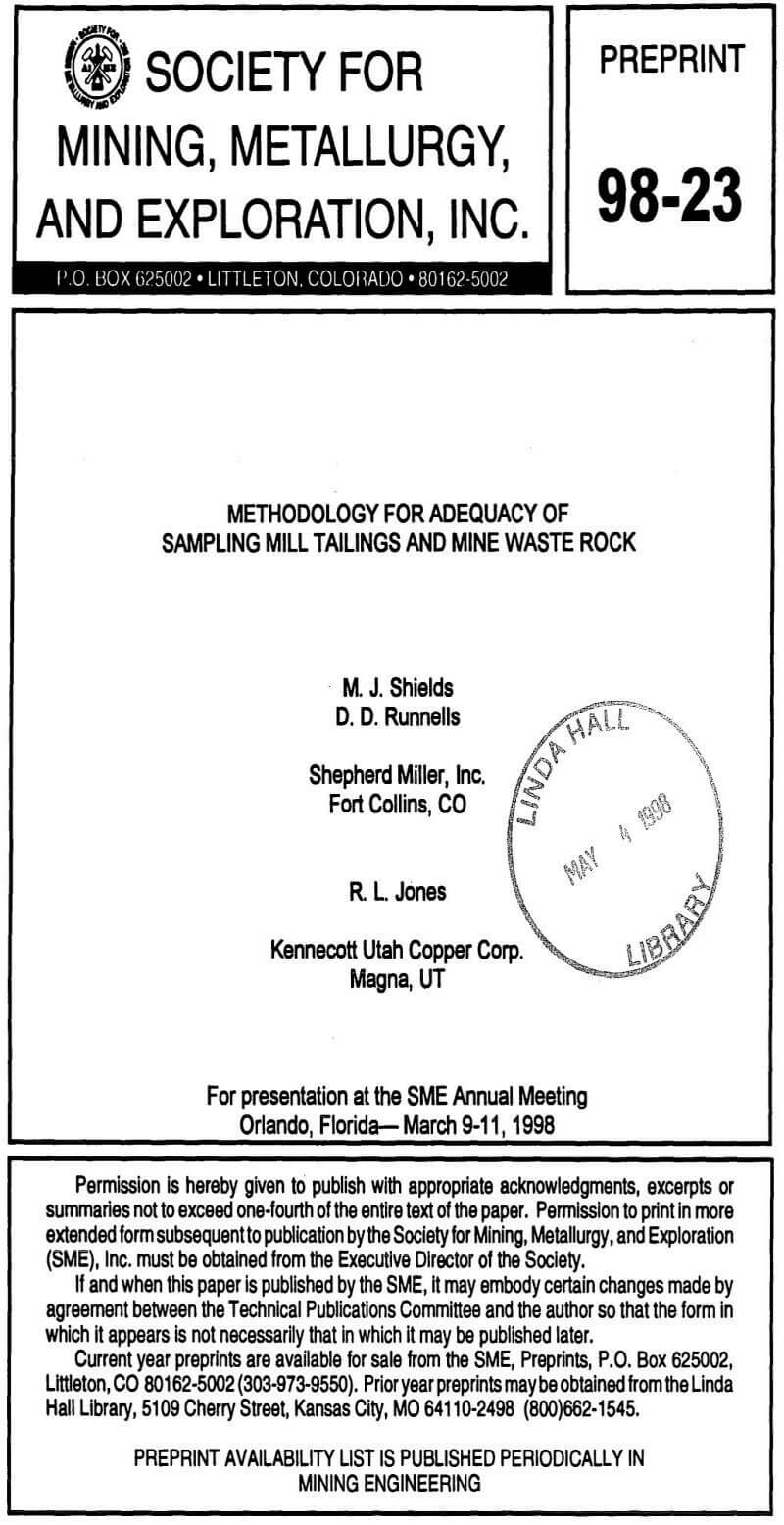 methodology for adequacy of sampling mill tailings and mine waste rock