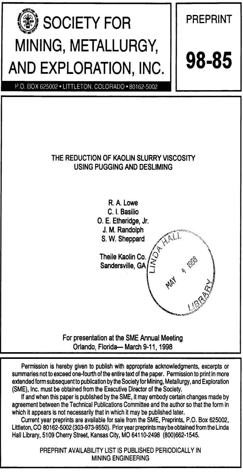 the reduction of kaolin slurry viscosity using pugging and desliming