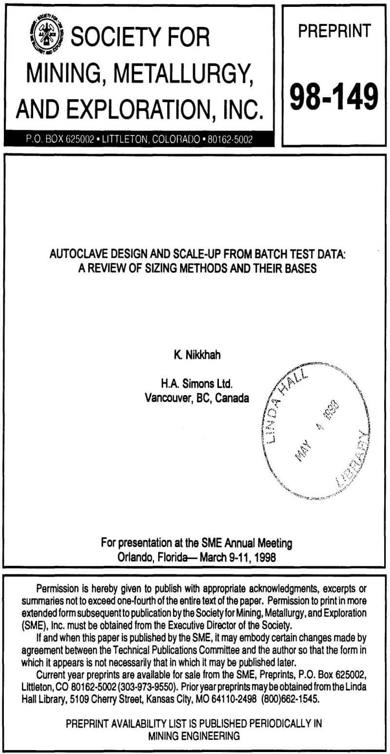 autoclave design and scale-up from batch test data a review of sizing methods and their bases