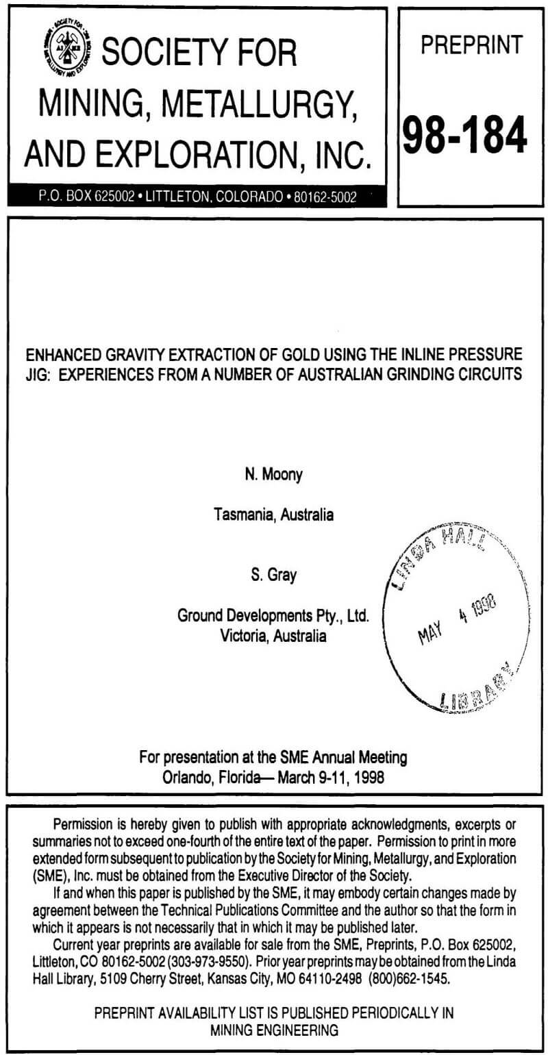 enhanced gravity extraction of gold using the inline pressure jig experiences from a number of australian grinding circuits