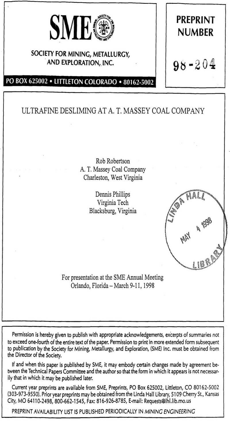 ultrafine desliming at a. t. massey coal company