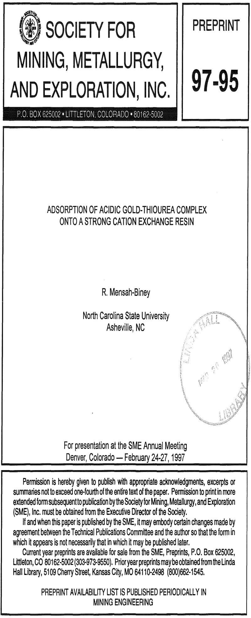 adsorption of acidic gold-thiourea complex onto a strong cation exchange resin