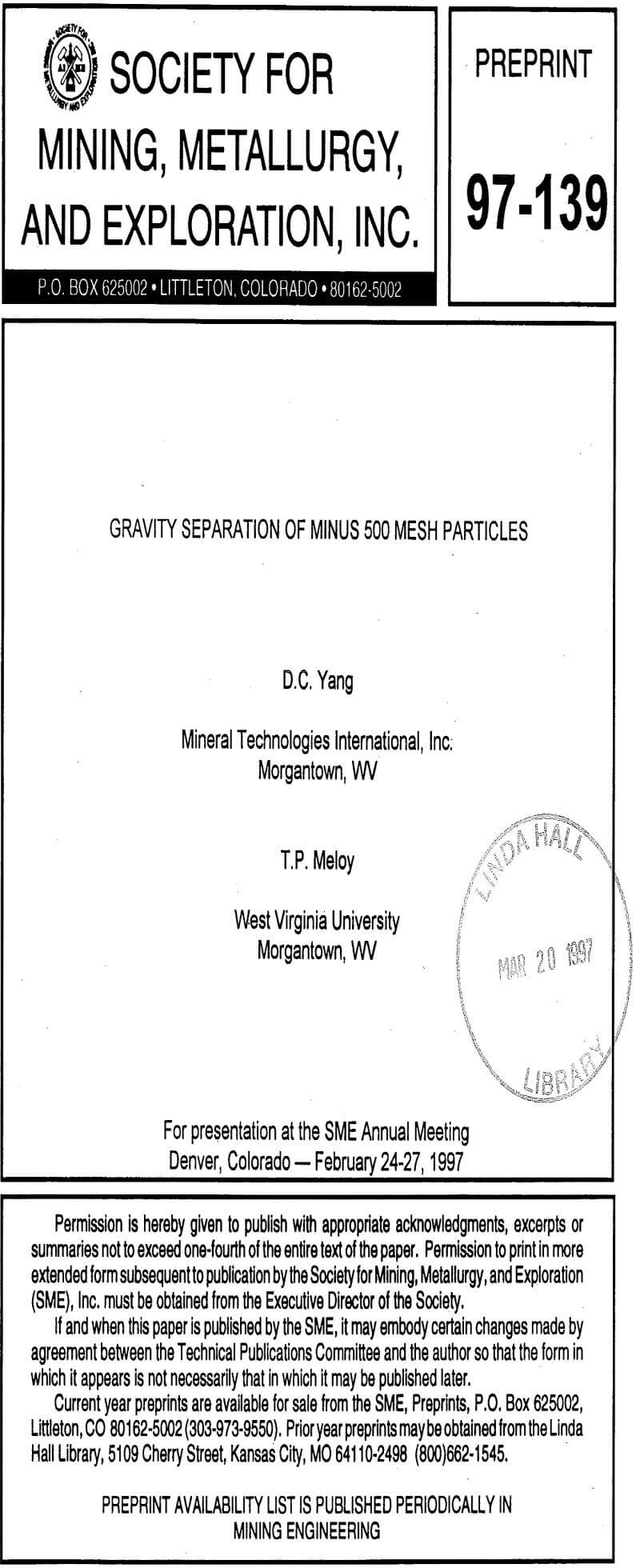 gravity separation of minus 500 mesh particles
