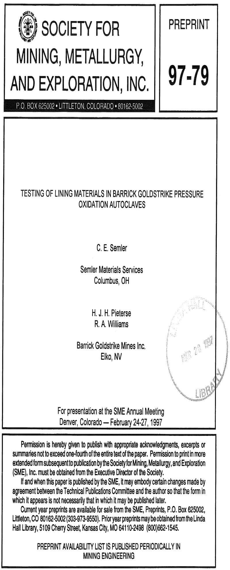 testing of lining materials in barrick goldstrike pressure oxidation autoclaves