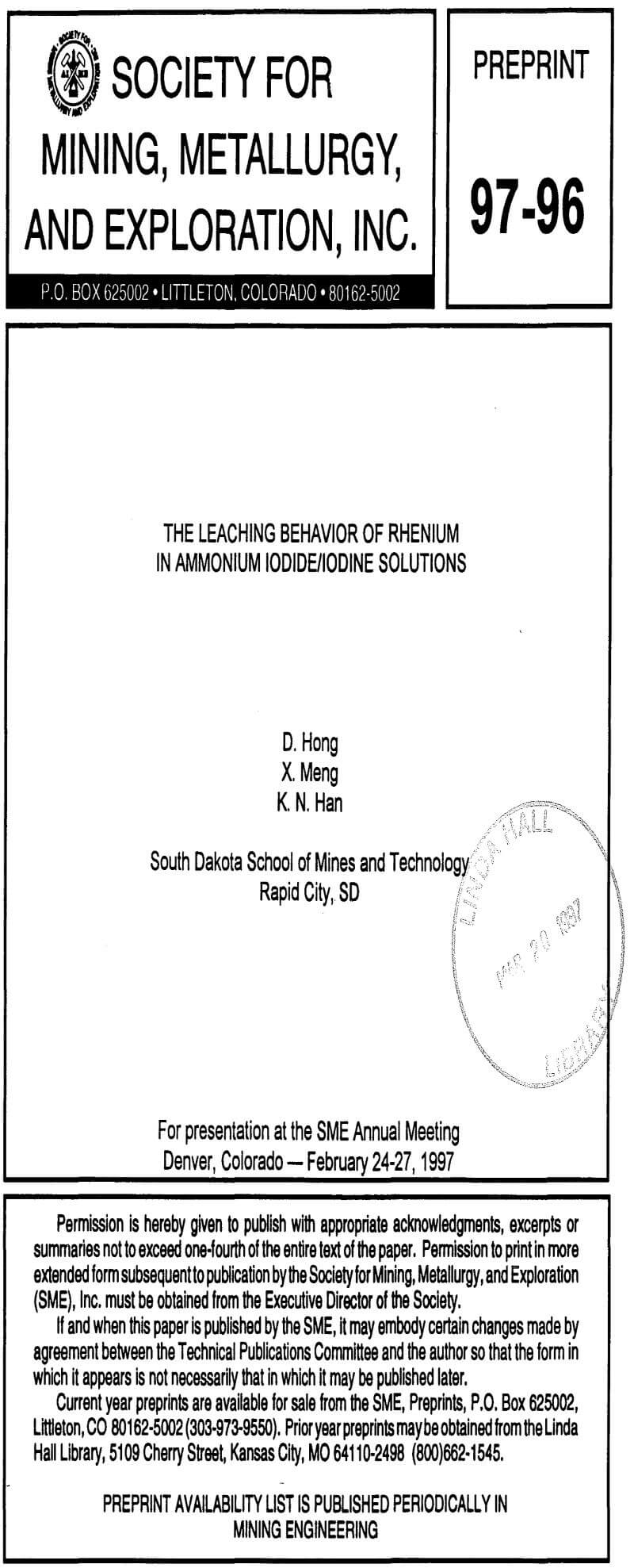 the leaching behavior of rhenium in ammonium iodide iodine solutions