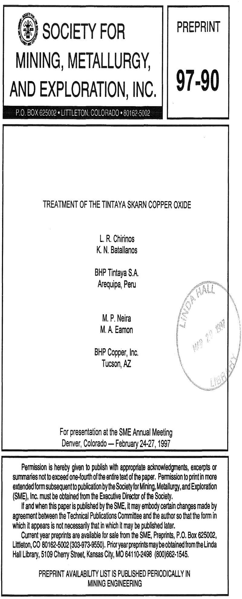 treatment of the tintaya skarn copper oxide
