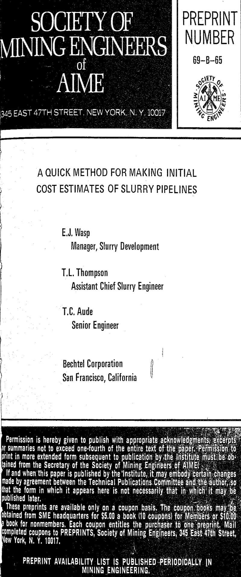 a quick method for making initial cost estimates of slurry pipelines