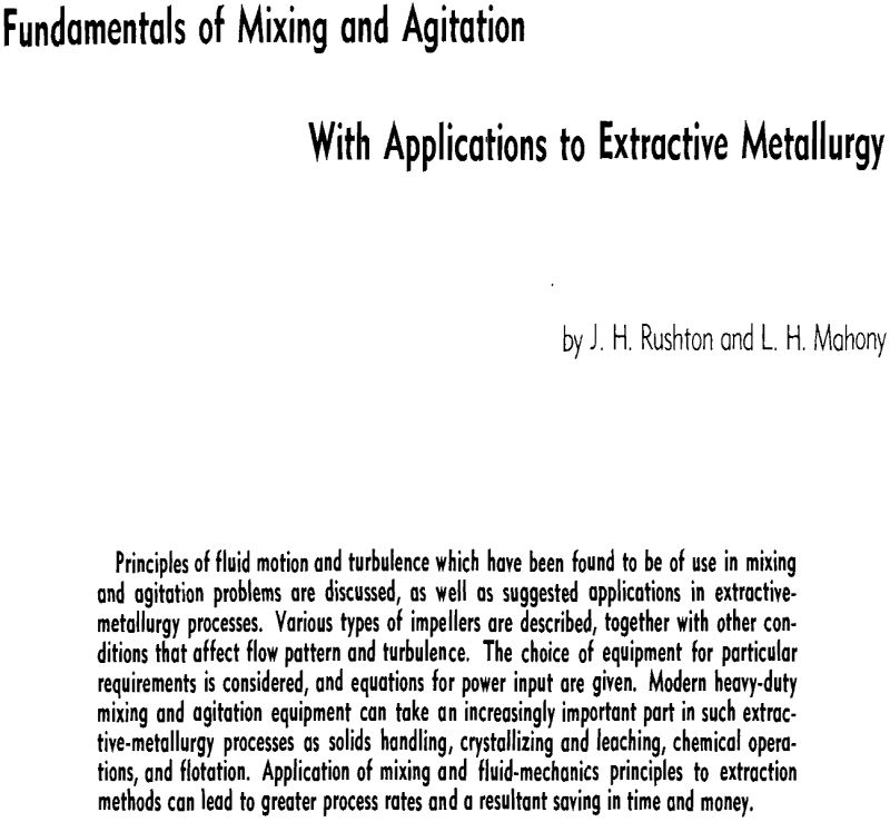 fundamentals of mixing and agitation with applications to extractive metallurgy