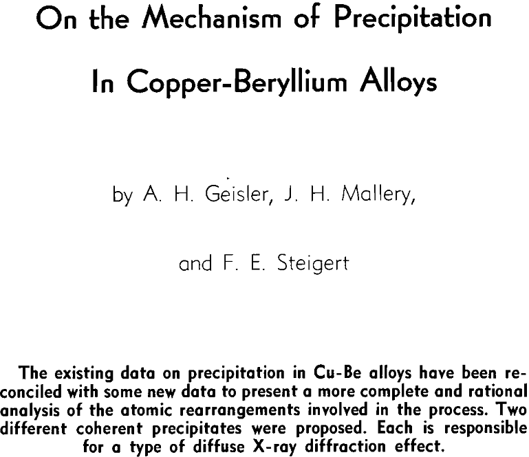 on the mechanism of precipitation in copper-beryllium alloys